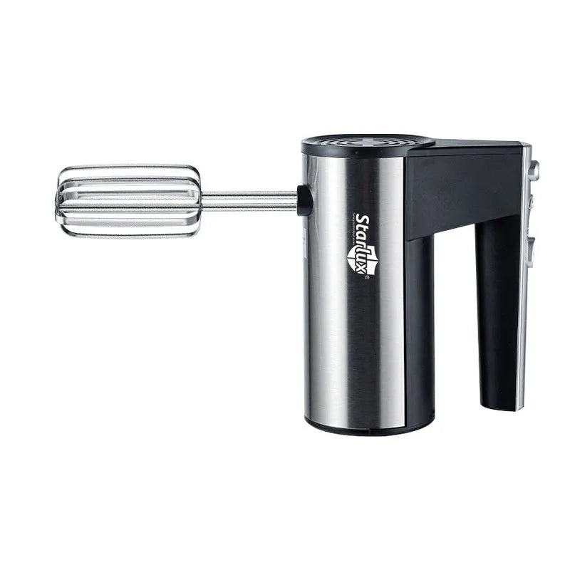 SL-25209 model silver household electric handheld mixer with beaters on a kitchen counter.