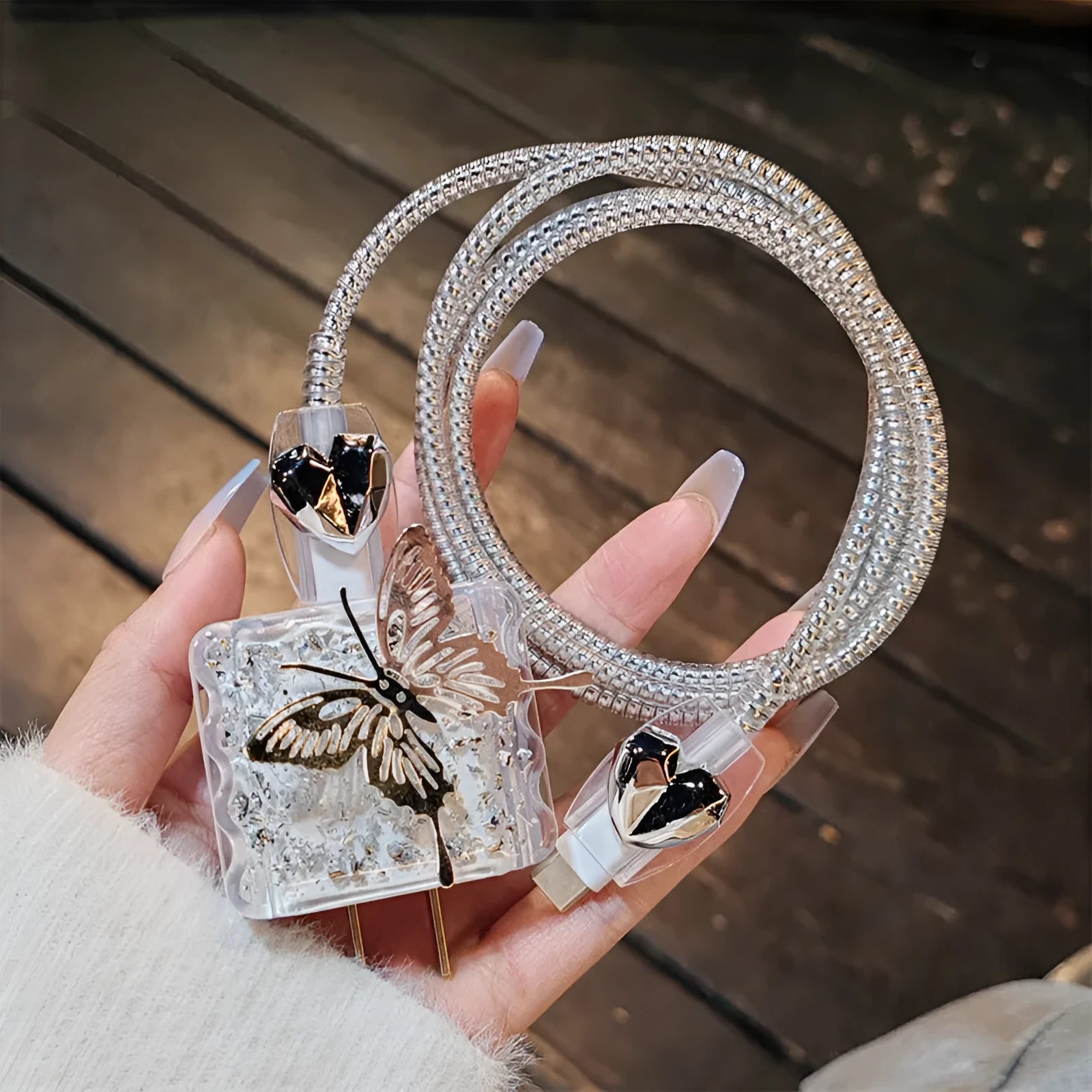 Three-dimensional butterfly USB cable protection sleeve for Apple 20W power adapter with silver foil square sleeve