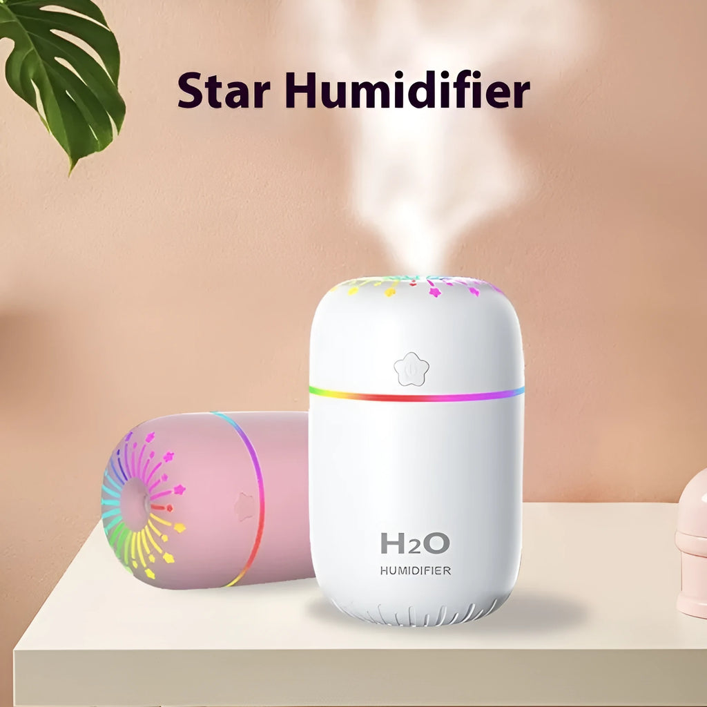 Compact white USB desk humidifier with 300ml water tank measuring 75x75x116mm