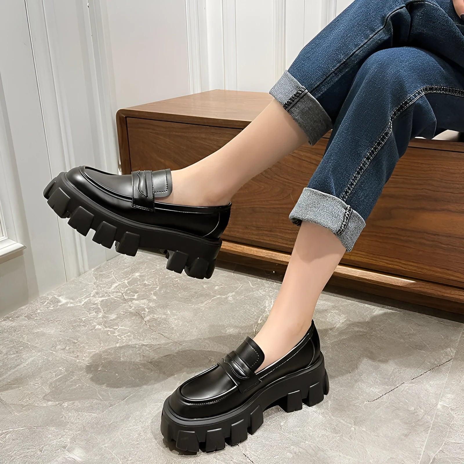 British style wide fit patent leather loafers with rubber sole and shallow opening