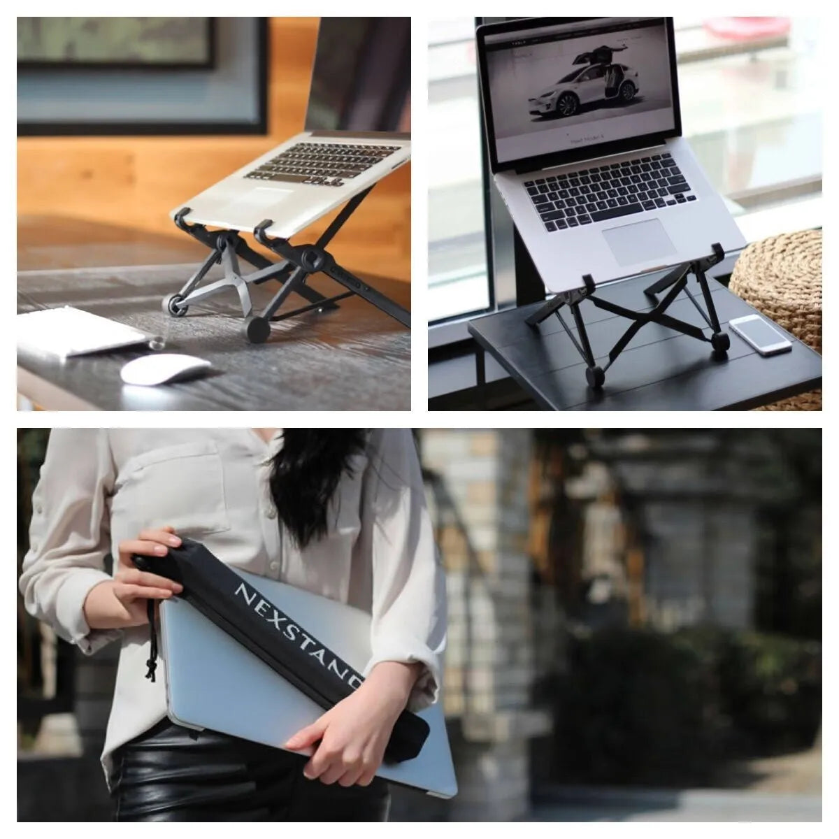 Sagacious black portable folding computer bracket with adjustable height and carrying case