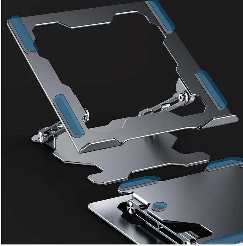 Grey adjustable aluminium laptop stand in folded and unfolded positions showing hollow design