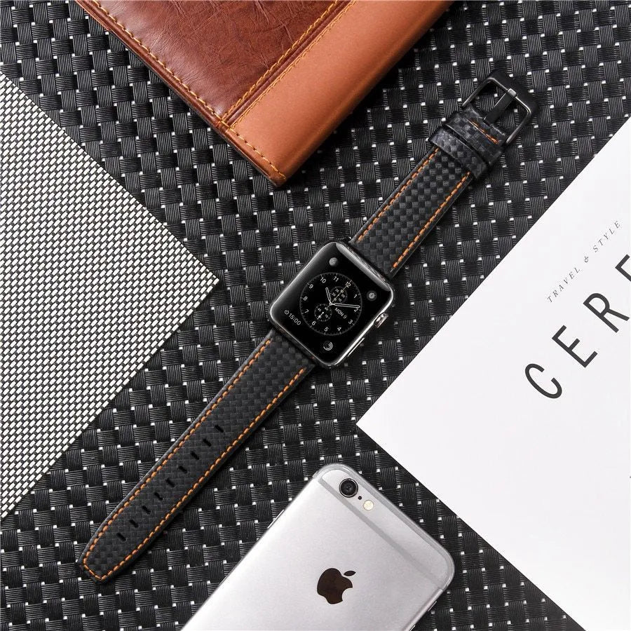 Carbon fibre and leather Apple Watch band with PC hard case in black, blue, orange, and red colour options
