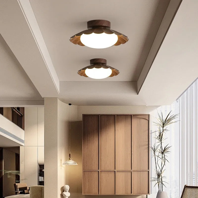 Mid-ancient silent balcony LED ceiling light round 25 beige walnut iron acrylic shade three-colour modes