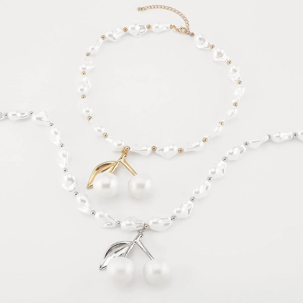 Women's creative necklace with fruit pendant on adjustable pearl chain in gold or white