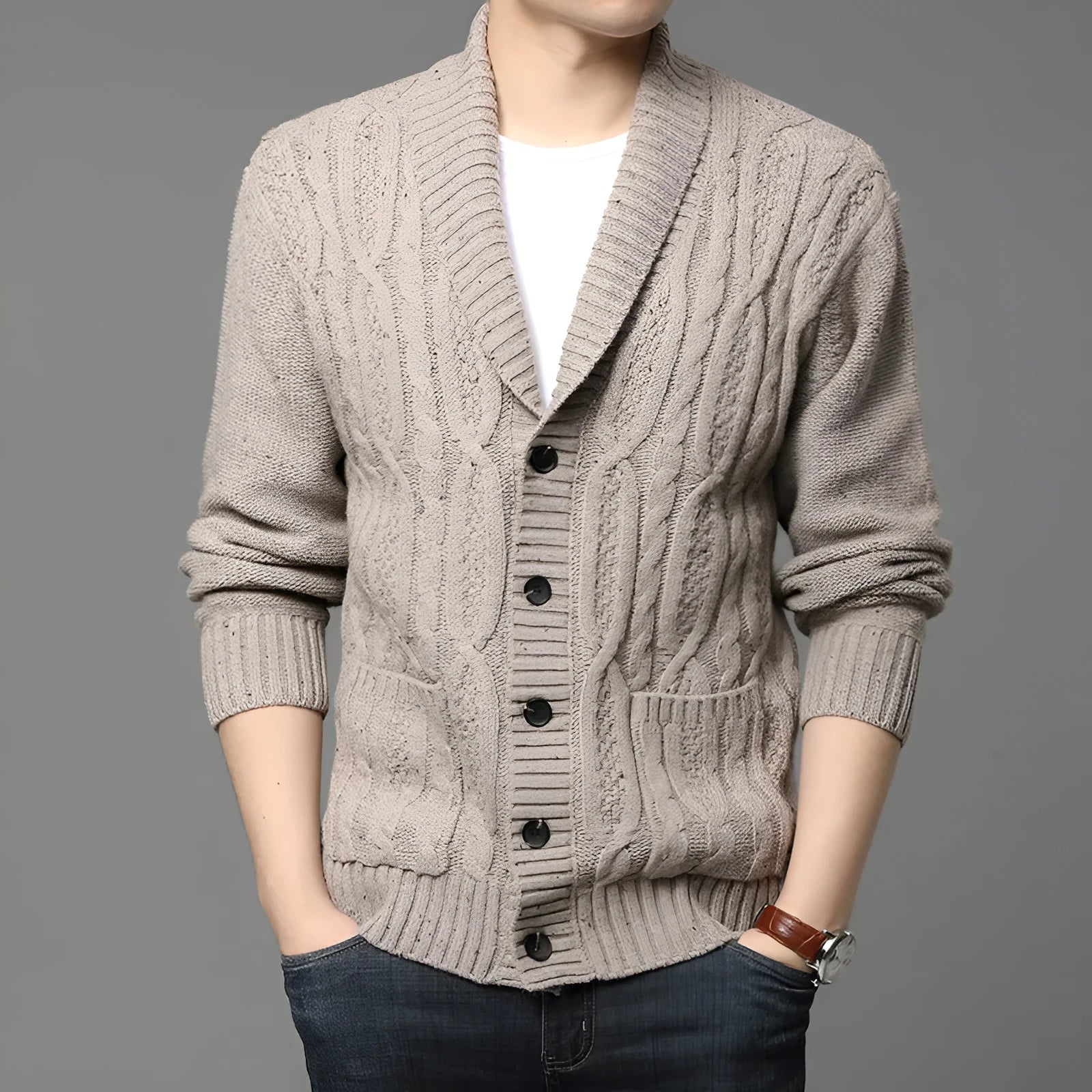 Men's Korean style jacquard patterned cardigan jacket in straight cut design