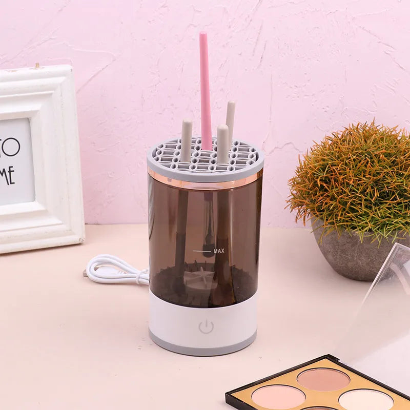 Electric makeup brush cleaner in grey and white, 17x9x9 cm, with USB charger and brush