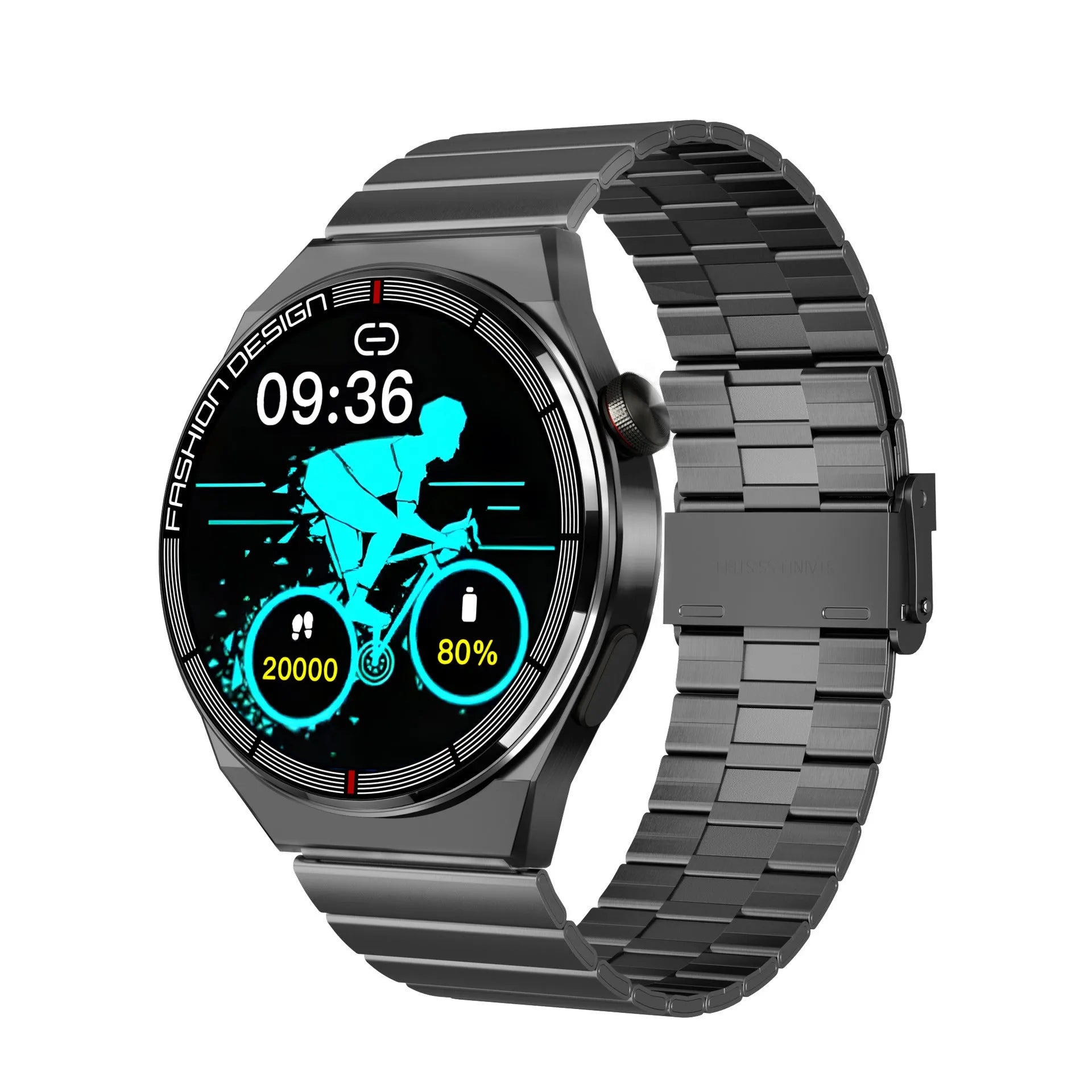 Black Bluetooth smartwatch with heart rate monitor on a silicone strap, showing its 1.28-inch touch screen.