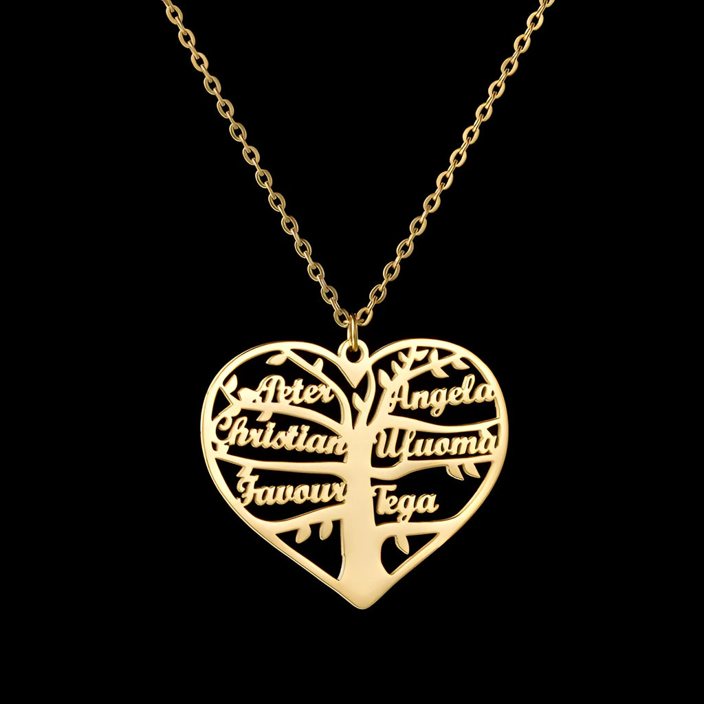 Personalised stainless steel necklace with hollow heart and tree pendant, showing silver, gold, and rose gold colour options.