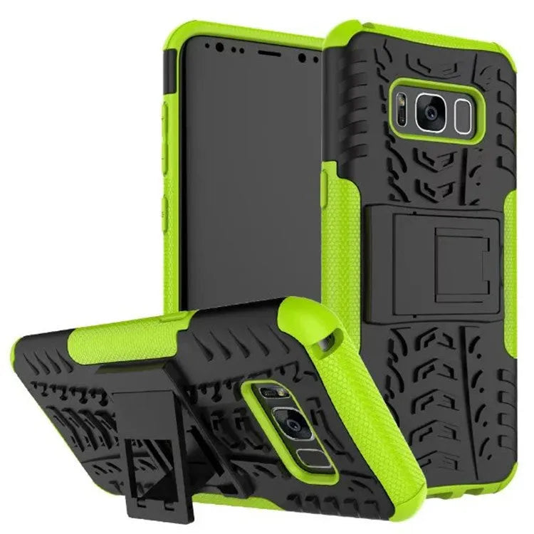 Samsung Galaxy S8 Plus and A10 case with colourful tire pattern, four-corner airbag, built-in stand, and raised lens guard.