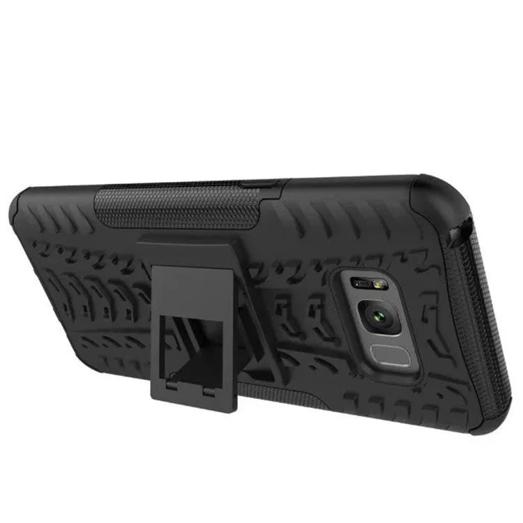 Samsung Galaxy S8 Plus and A10 case with colourful tire pattern, four-corner airbag, built-in stand, and raised lens guard.