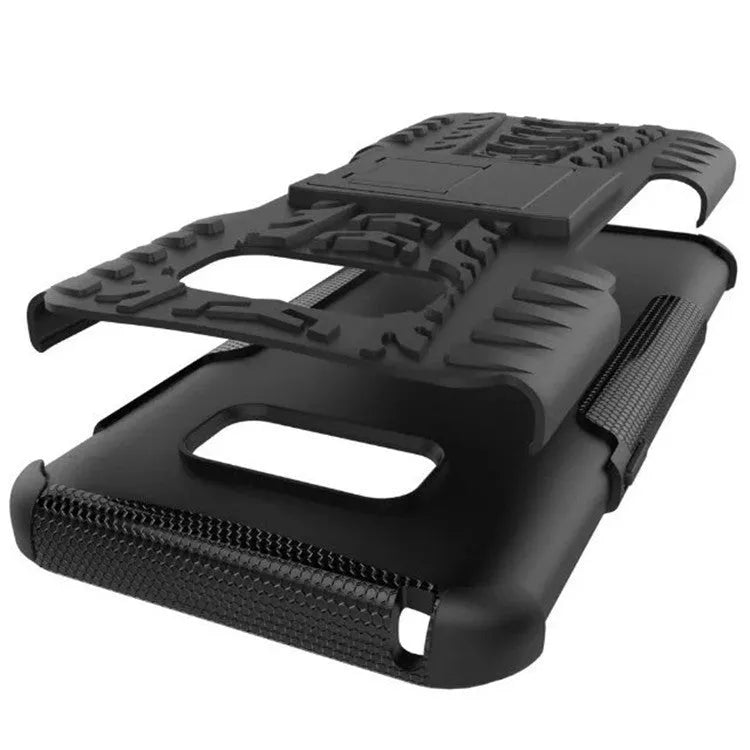 Samsung Galaxy S8 Plus and A10 case with colourful tire pattern, four-corner airbag, built-in stand, and raised lens guard.