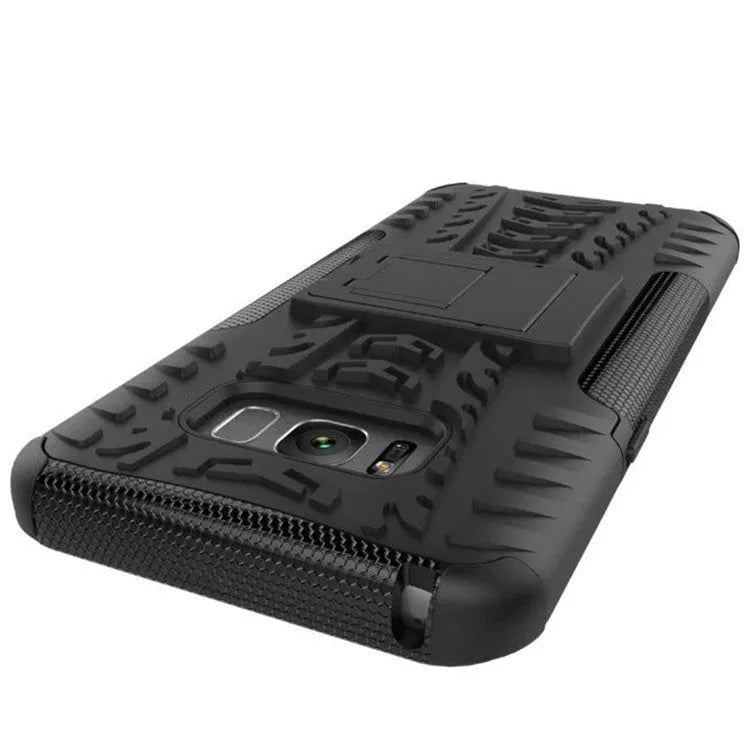 Samsung Galaxy S8 Plus and A10 case with colourful tire pattern, four-corner airbag, built-in stand, and raised lens guard.