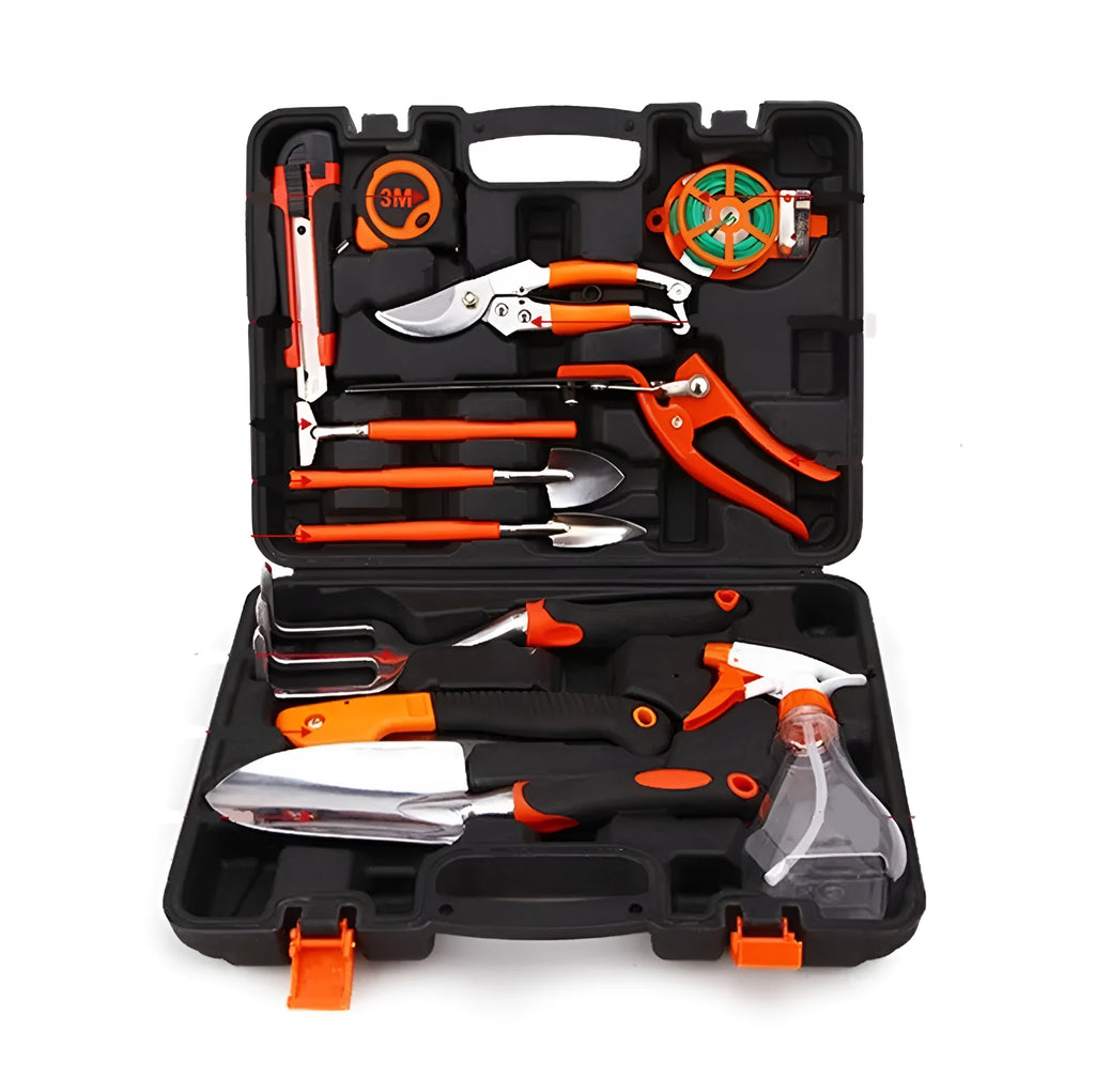 12 piece garden tool set with alloy steel heads in a plastic storage case for household gardening