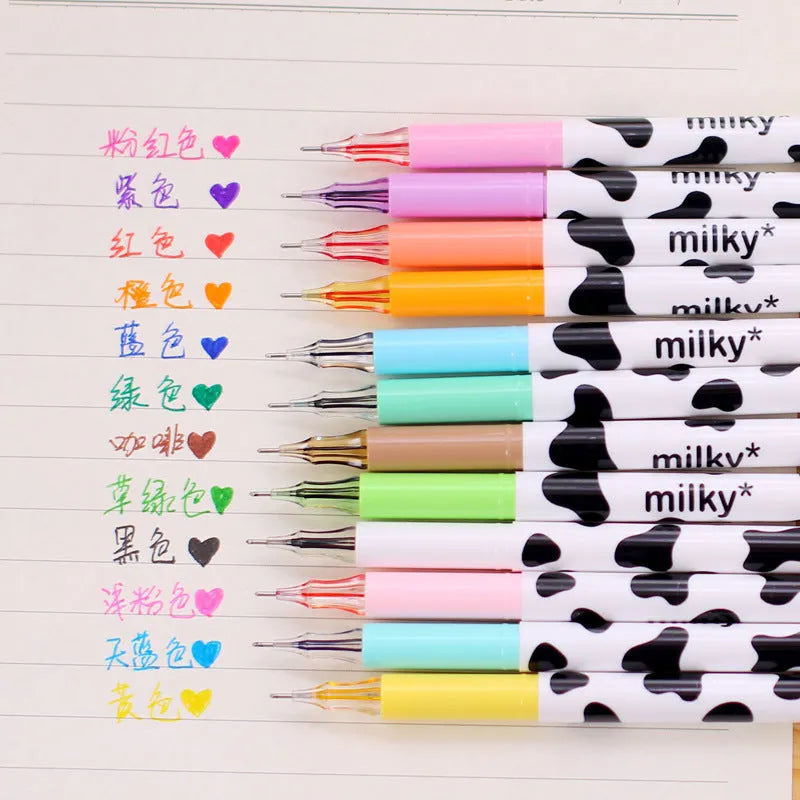 Cow pattern gel pen with 0.38mm tip showing twelve different colour options for office use
