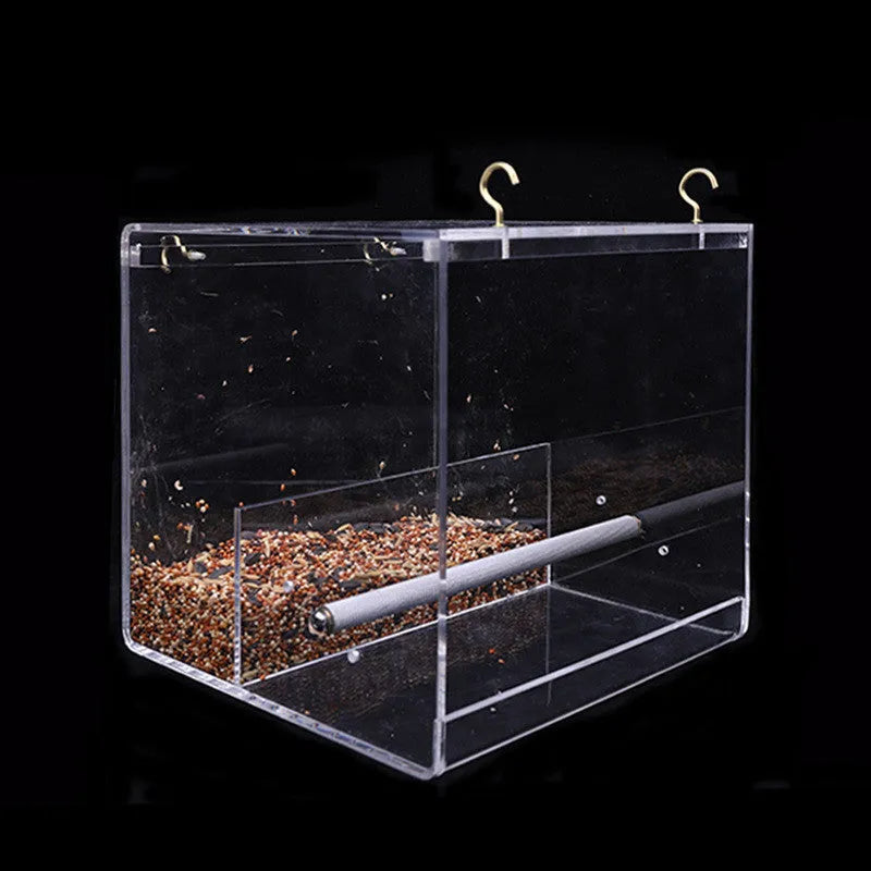 Clear acrylic bird feeder food box for parrots, available in small, medium, and large cube sizes.