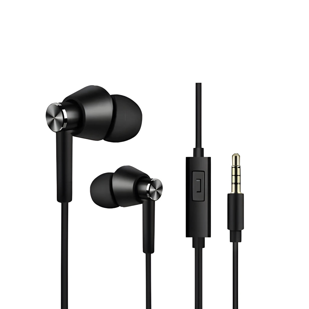 Wired in-ear earphones with subwoofer for computer and mobile phone, shown in Black and White