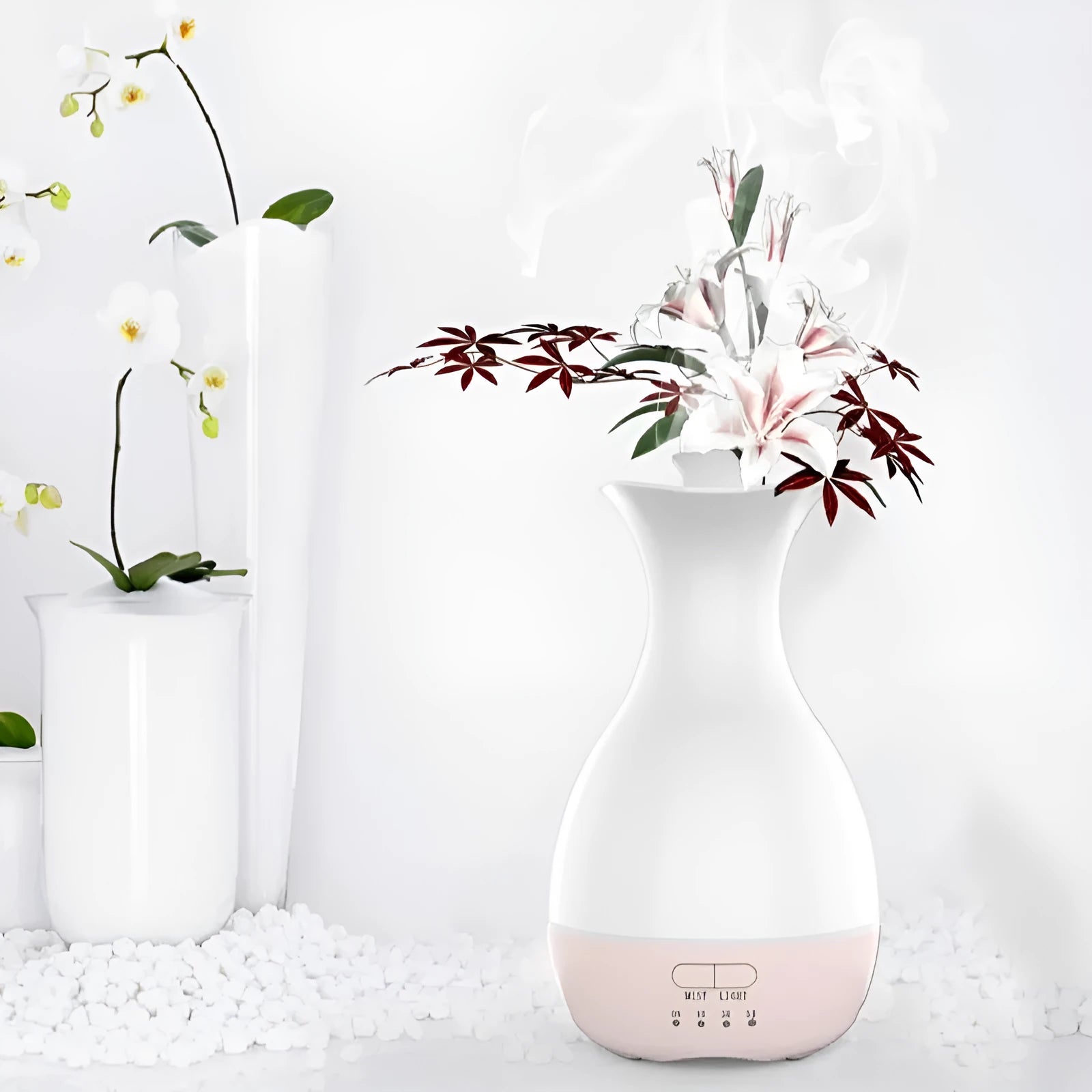 White ultrasonic aromatherapy humidifier with 200ml tank and colourful night light on wooden surface