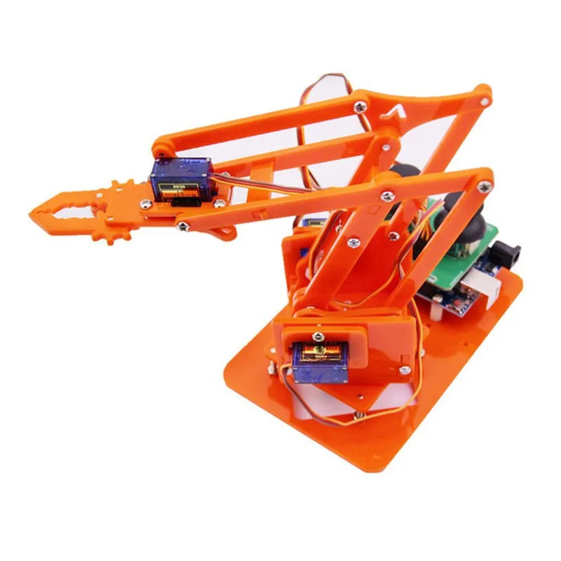 Manipulator arm electronic production parts kit with brown and royal blue brackets, dual control rocker module and SG90 steering gear
