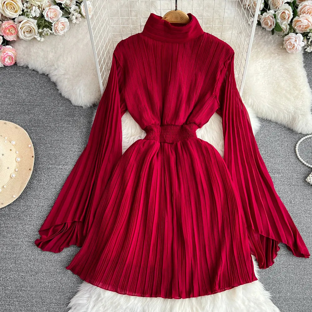 A-line chiffon midi dress with long sleeves and stand collar in high-waist design, available in multiple colours