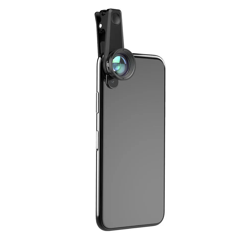 6 in 1 smartphone camera lens kit with fisheye, wide angle, macro and telephoto lenses in black aluminium housings
