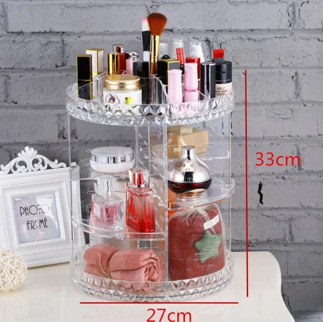 360 rotating makeup organizer with diamond wave pattern and detachable spinning storage shelf in black, white, or transparent options