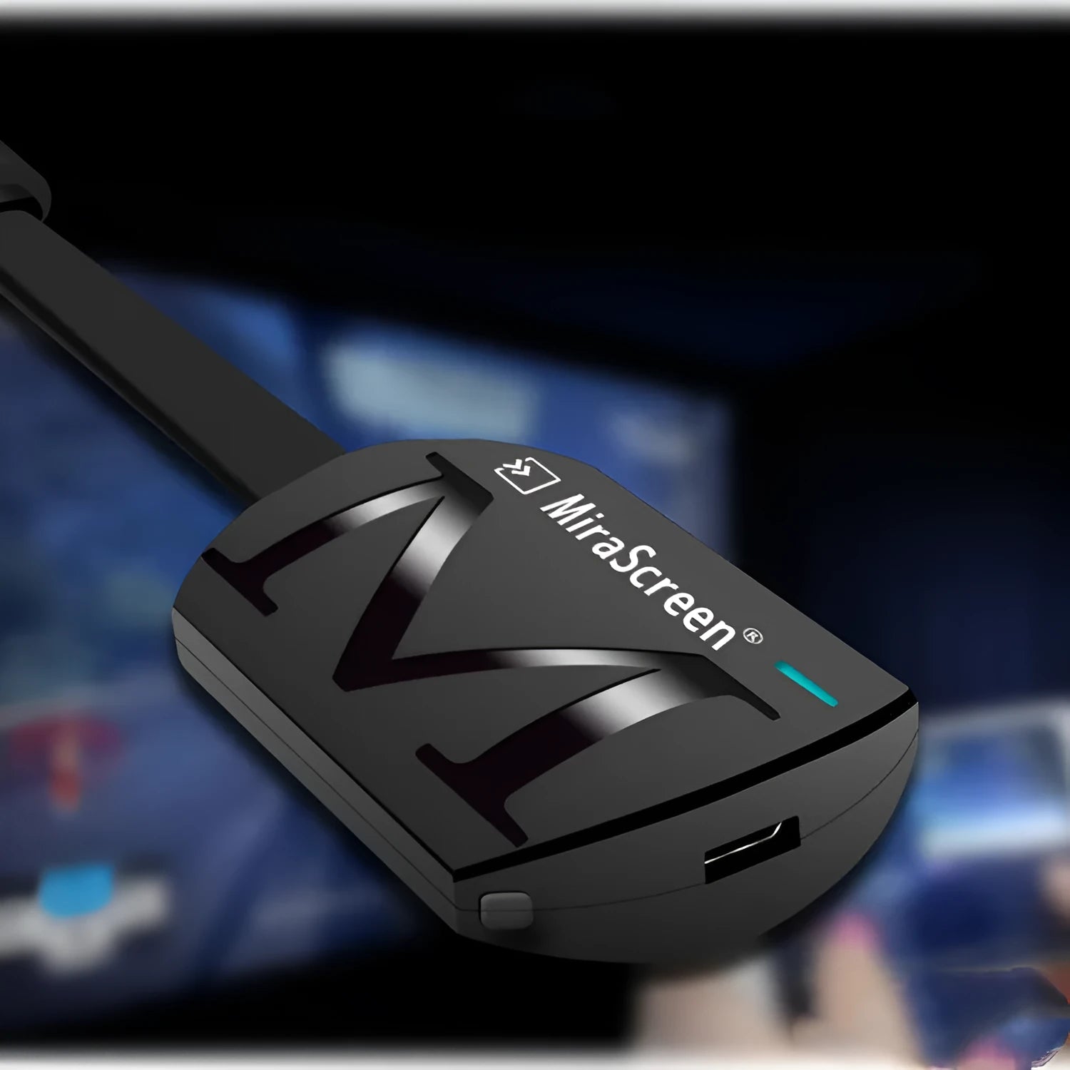 Black USB HDMI dongle for screen mirroring smartphones to TV, measuring 52mm by 26mm.