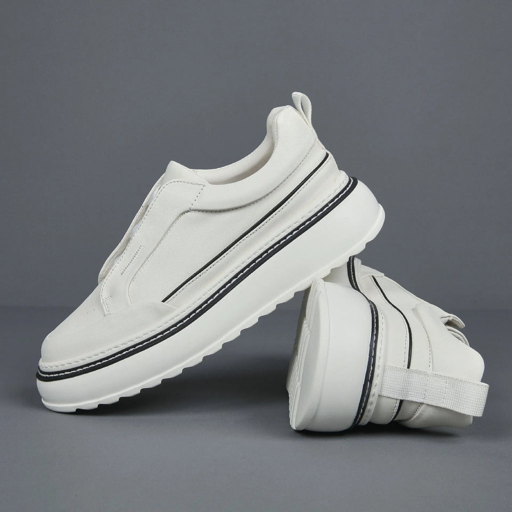 Black breathable first layer cowhide slip-on sneaker with elastic band foam sole low top platform mid heel round toe