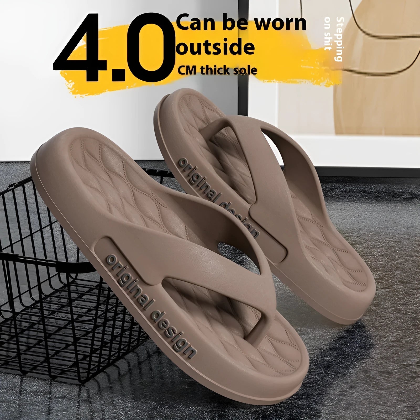 Men's lightweight EVA flip flops on a beach, showing open-toe design and available in multiple colours.