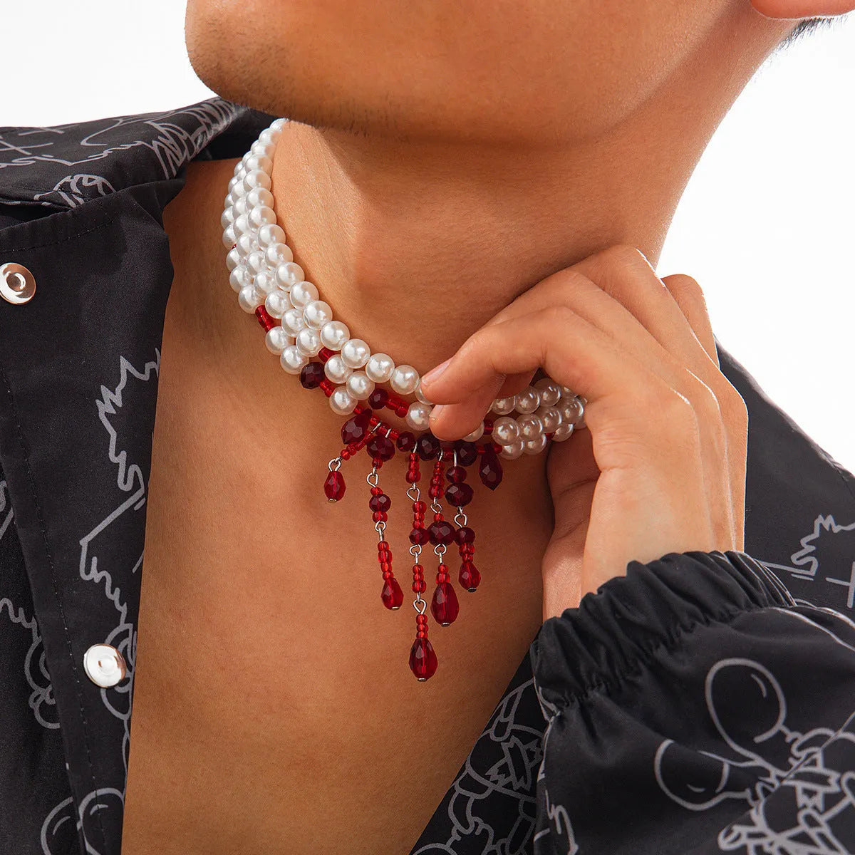 Men's geometric blood drop necklace with crystal and imitation pearl on adjustable chain in red and black colour option