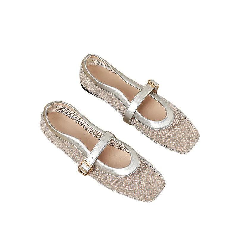 Women's beige mesh summer shoes with buckle fastening and flat square toe
