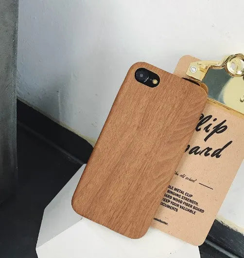 Ultra-thin wood-grain PU leather phone case for iPhone, dark brown, with flexible PC and nonwoven layers