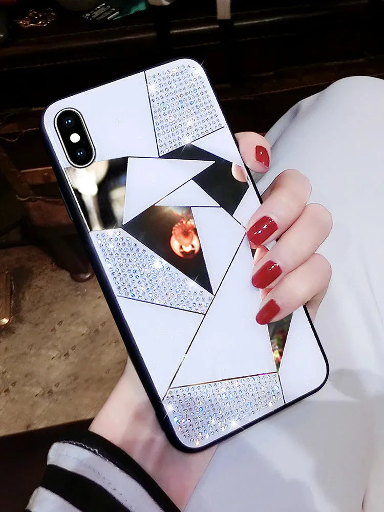 Gold rhinestone diamond mirror silicone back cover case for Apple iPhone showing reflective finish