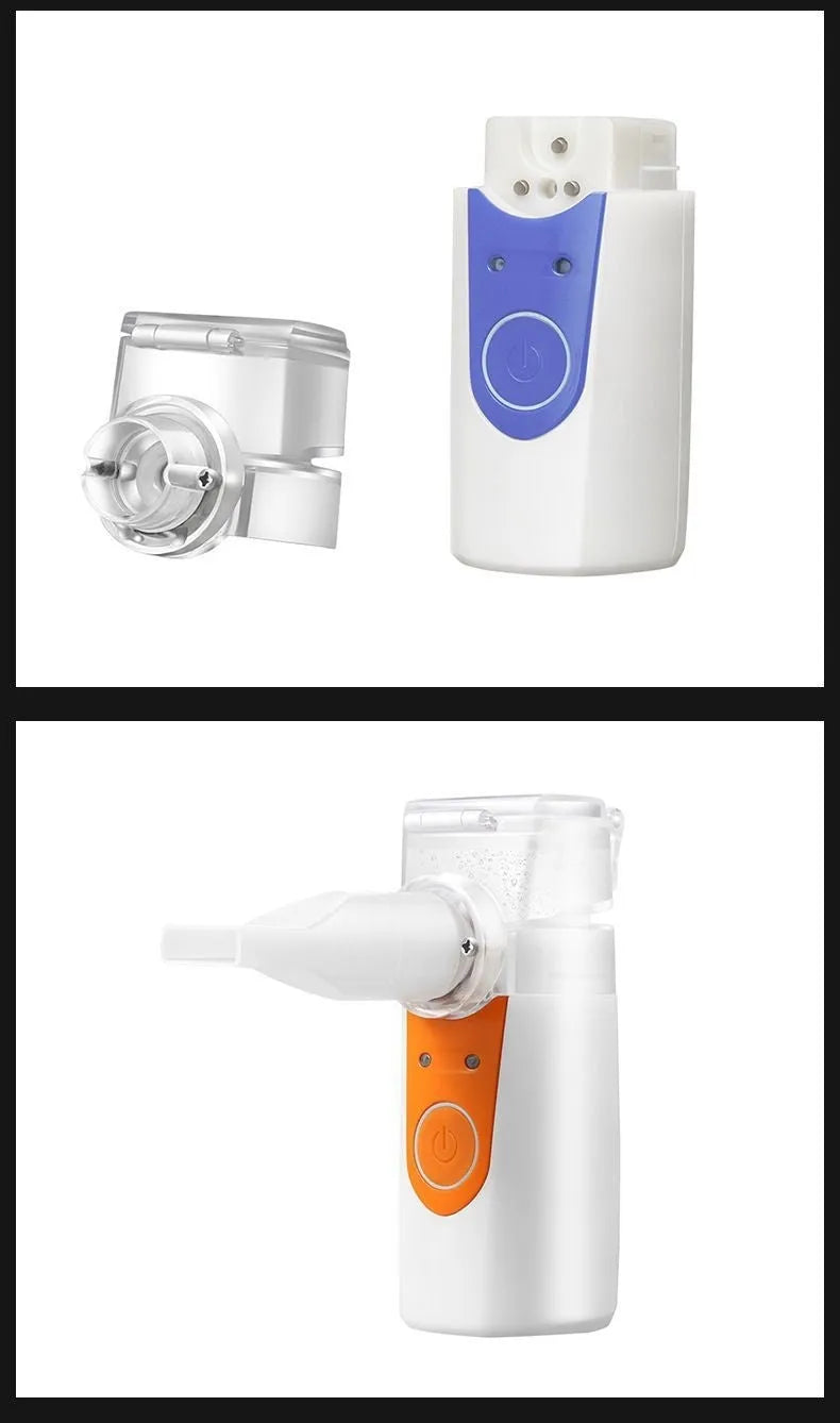 A white columnar handheld USB nebuliser for quiet household drug atomisation.