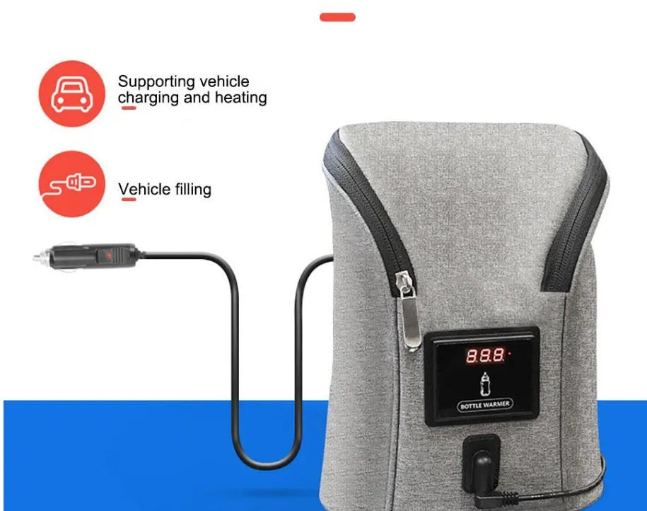 Grey Oxford cloth portable baby bottle warmer with carry handle and electronic display for car travel.