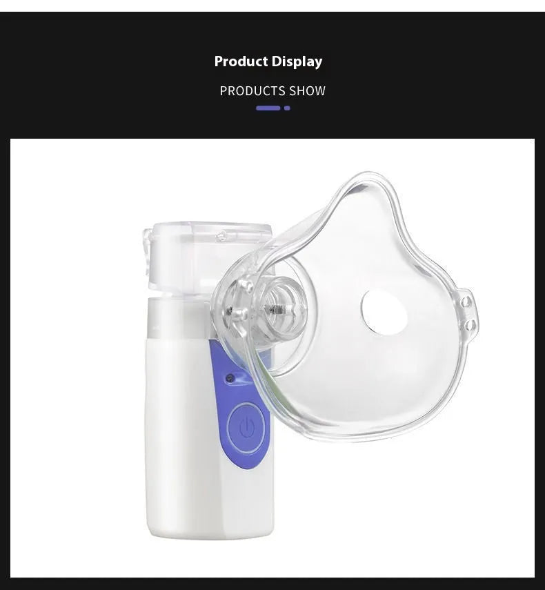 A white columnar handheld USB nebuliser for quiet household drug atomisation.