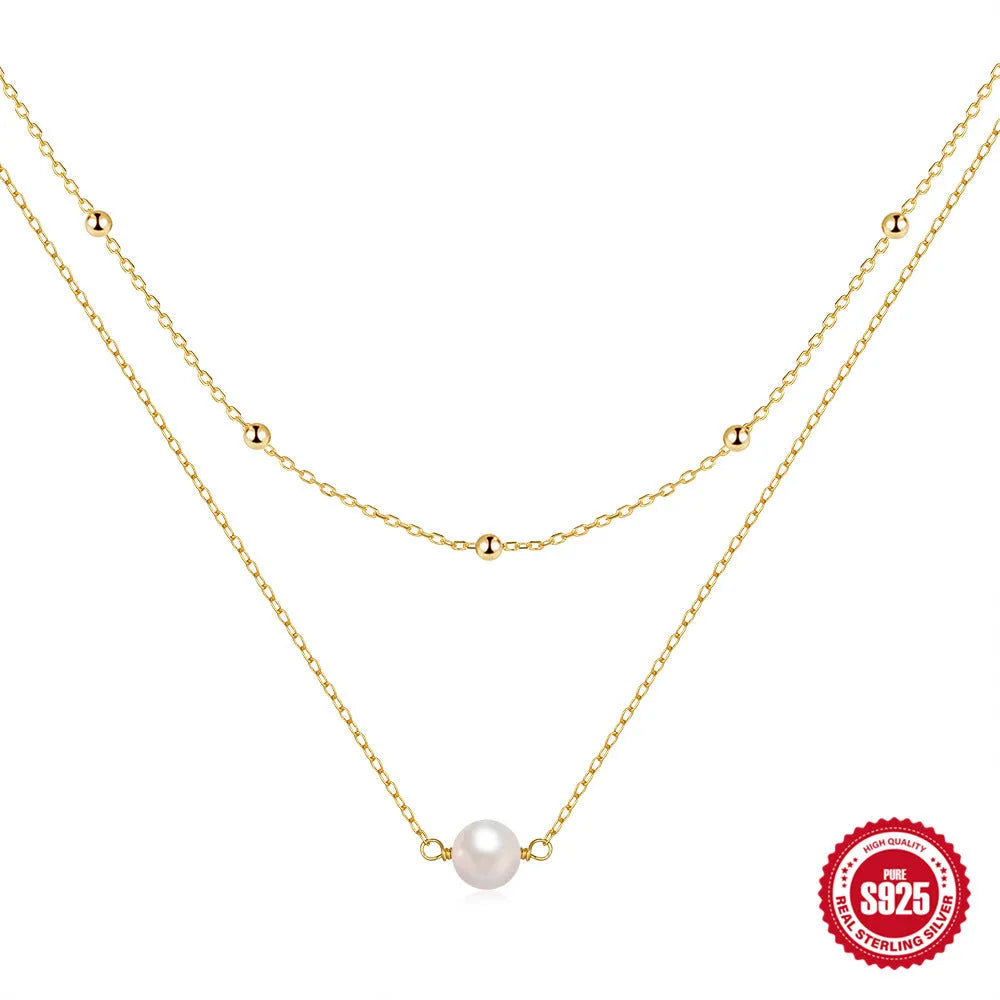 S925 sterling silver double layer pearl necklace with ball bead chain in gold colour option