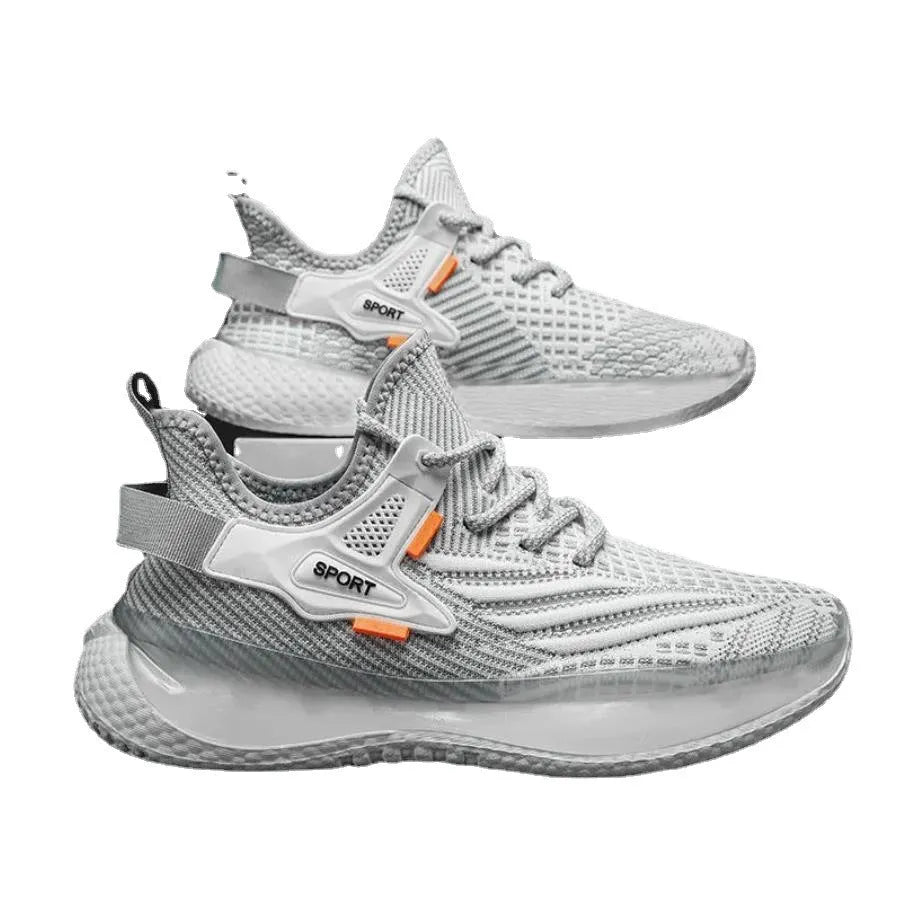 Men's white woven mesh platform sneakers with round toe and flat rubber sole on a plain background.