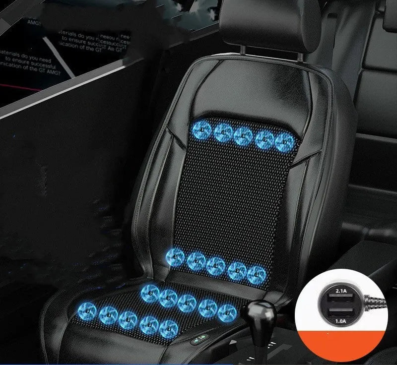 Black ventilated car seat cushion with multiple cooling fans, connected to a 12V car plug.