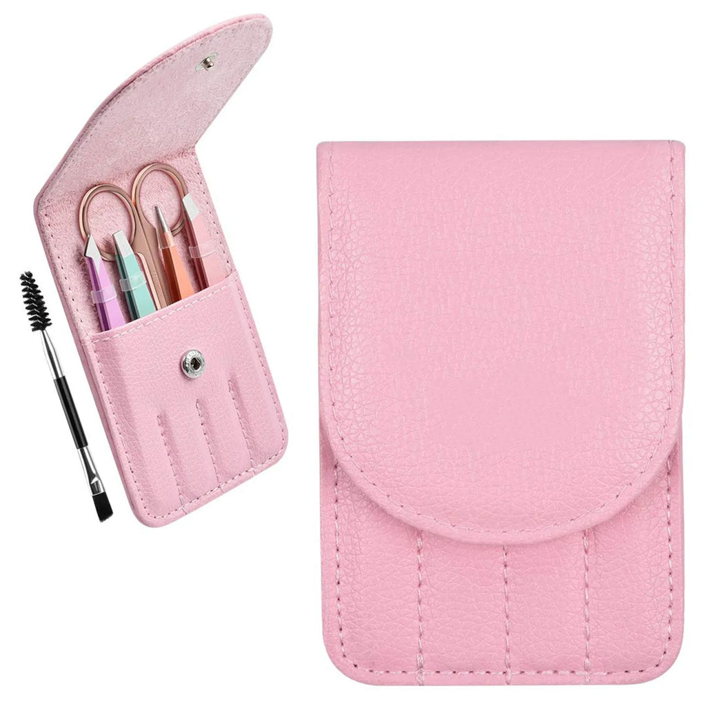 Professional stainless steel eyebrow tweezers, curved scissor, brush, and leather case in a 6-piece grooming set.