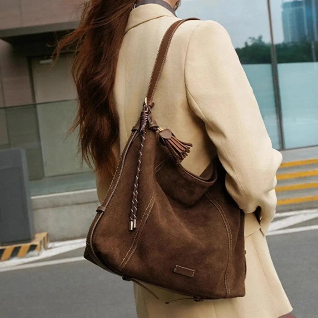 Large capacity deerskin velvet tote bag in Maillard coffee with sewing line details and crossbody strap