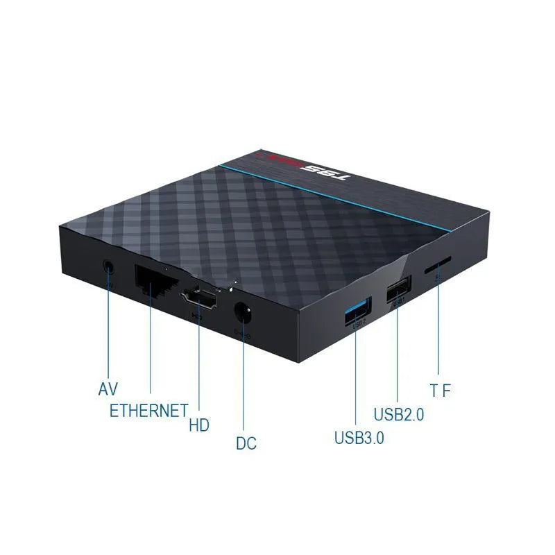 Black T95 Max Plus Android TV box with remote control, showing UK power plug