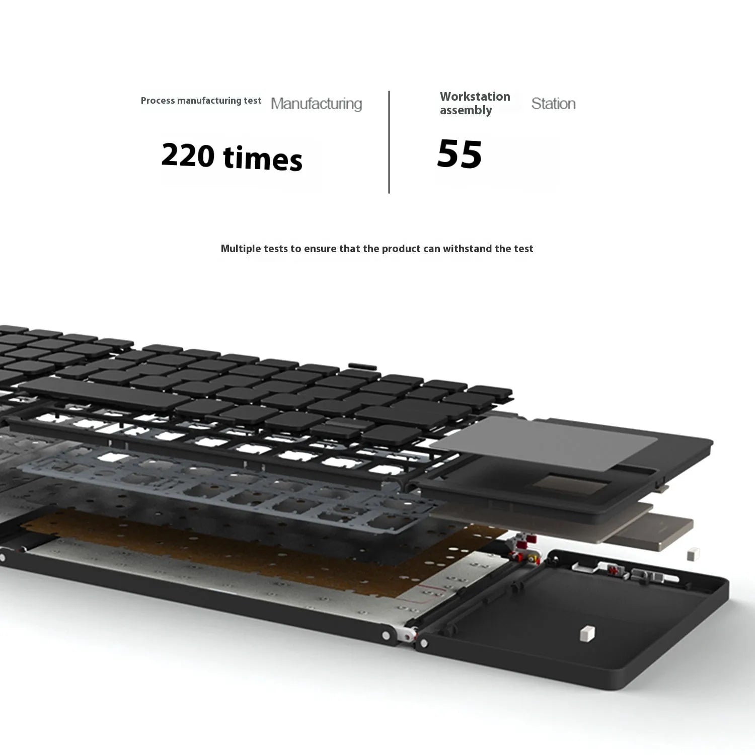 Black tri-fold Bluetooth keyboard shown folded and unfolded next to a smartphone