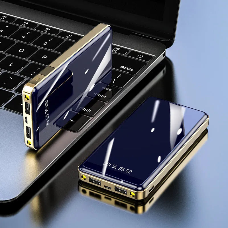 Mirror digital display power bank showing battery percentage, available in five colours.