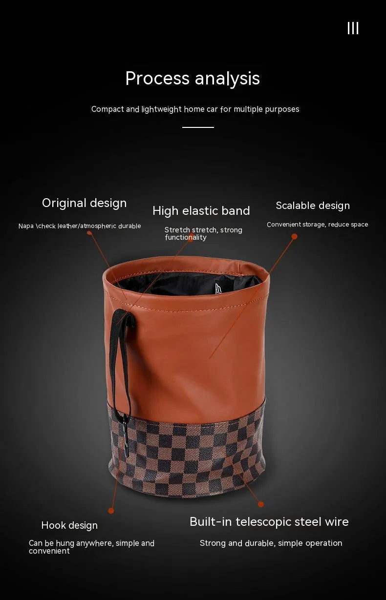 Retractable leather car bin showing folding design with carry handle for vehicle waste management