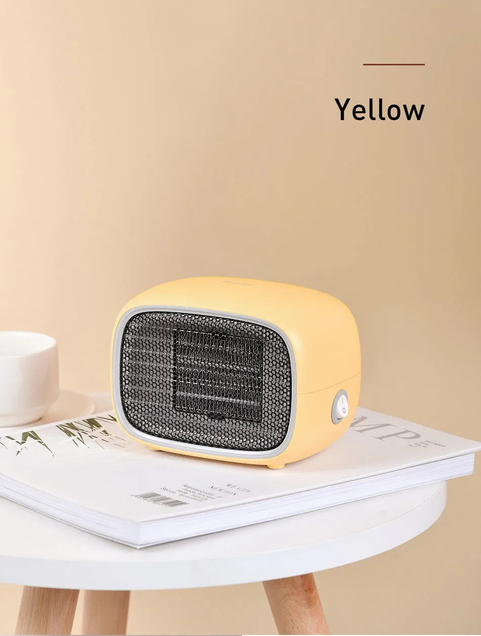 Mini PTC ceramic heater in green, white or yellow colours showing compact dimensions