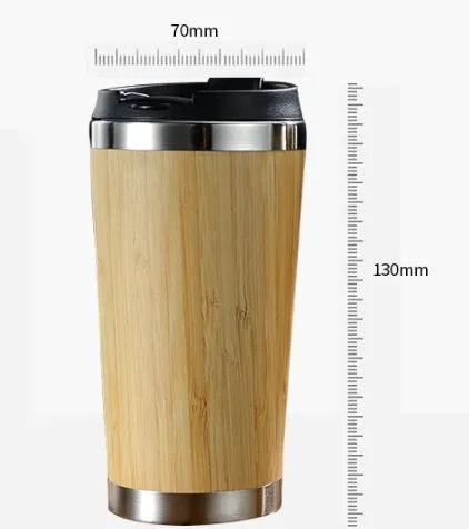 Bamboo coffee cup with stainless steel double wall, 420ml, leak-proof lid and foam pad base.