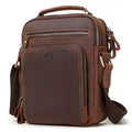 Men's brown Crazy Horse leather crossbody bag with single shoulder strap showing visible sewing lines