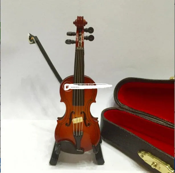 8cm handmade basswood mini violin ornament with bow, stand, and wooden box for photography and display
