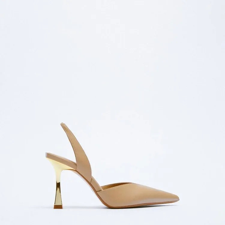 Apricot and black women's pointed toe high heels with patent leather upper and shallow mouth.